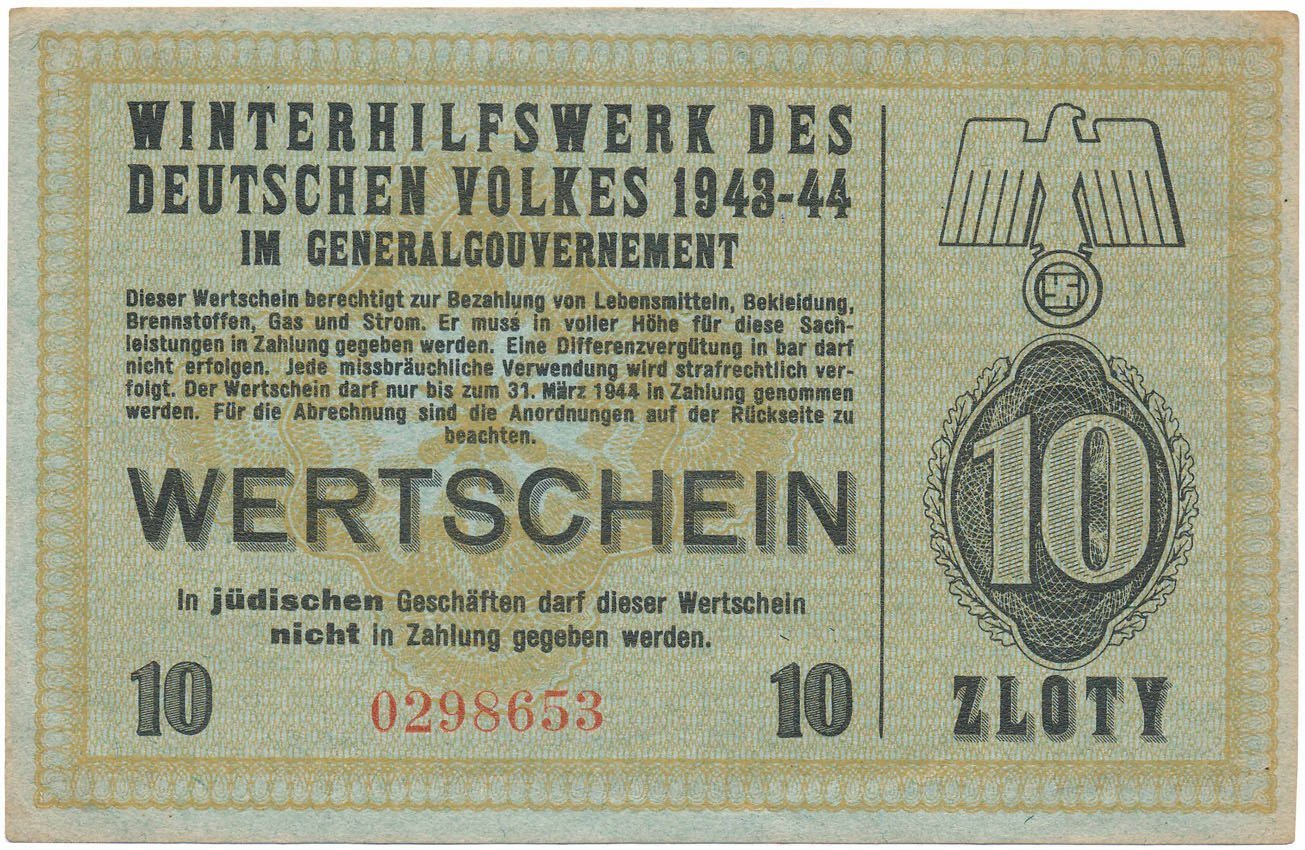 Generalne Gubernatorstwo Winterhilfswerk. Pomoc Zimowa 10 złotych 1943/44